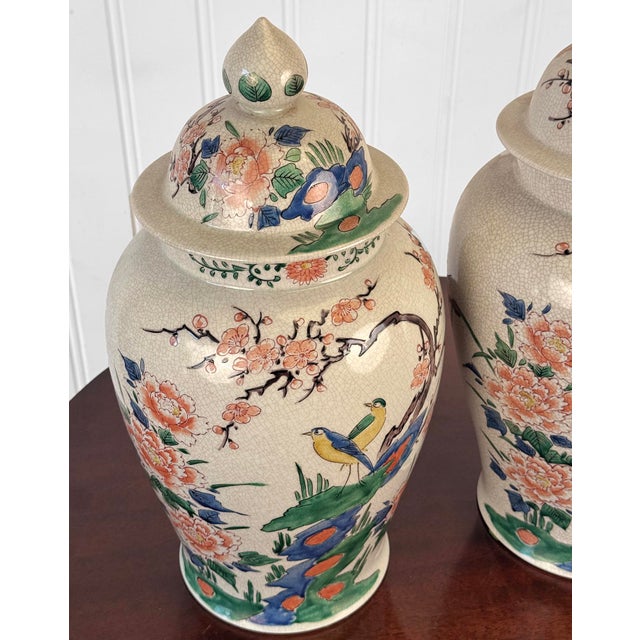 Vintage 16" Chinese Chinoiserie Porcelain Cherry Blossom & Bird Urn - A Pair For Sale - Image 6 of 11