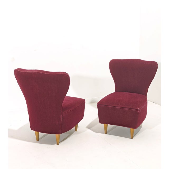 Wood Cherry Velvet Armchairs with Wooden Legs, Italy, 1960s, Set of 2 For Sale - Image 7 of 13