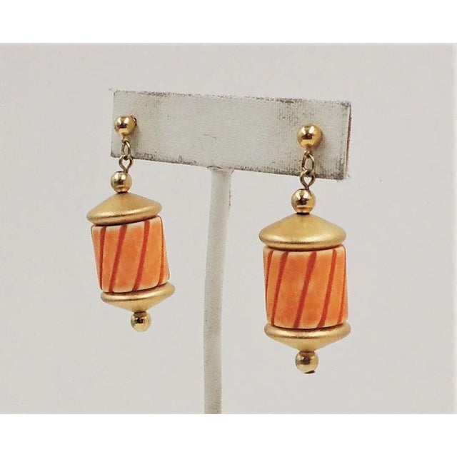 Plastic 1985 Vintage Napier Hand Carved Orange Bead Pierced Earrings - 2 Pieces For Sale - Image 7 of 9