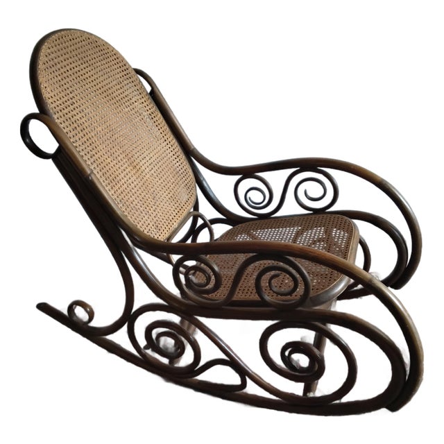 Vintage Thonet Style Bentwood Cane Rocking Chair With Scrollwork For Sale