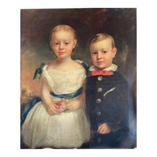 Portrait of Two Children Oil on Canvas 19th Century American Folk Art For Sale