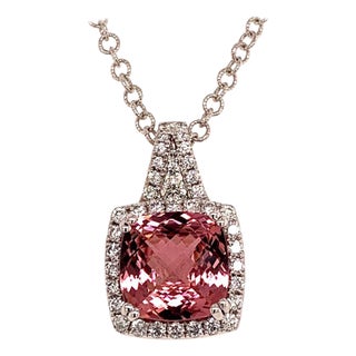 Diamond Rubellite Tourmaline Necklace 5.47 TCW 18k Gold Certified For Sale