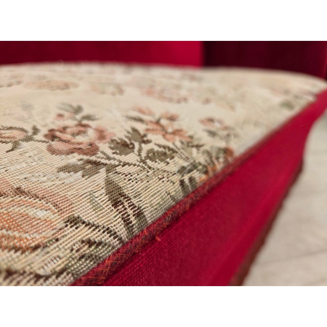 Wood Danish Three-Seater Drop Arm Spanish Sofa in Red Furniture Velour, 1970s For Sale - Image 7 of 18