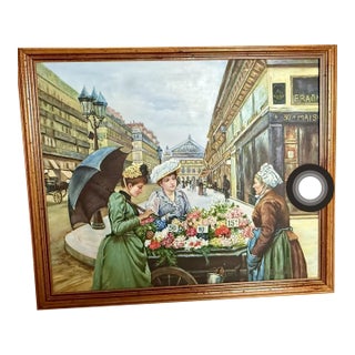 Vintage Oil Painting Signed H. Remande Framed 26x24 Paris France Flower Cart For Sale
