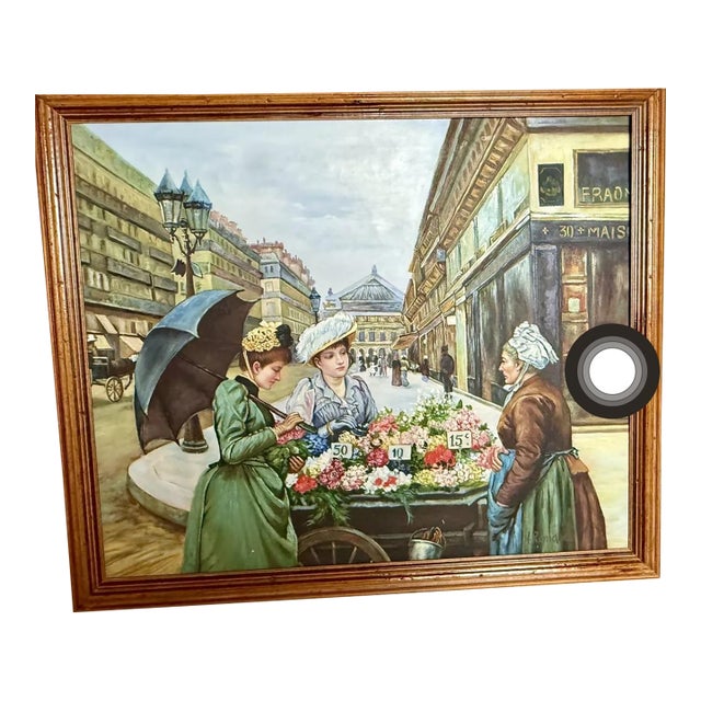 Vintage Oil Painting Signed H. Remande Framed 26x24 Paris France Flower Cart For Sale