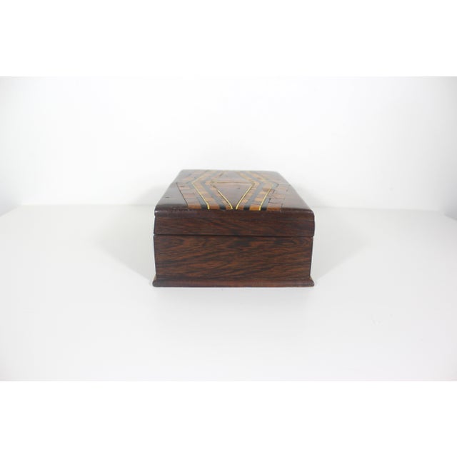 Antique Wood Inlay Box, Hinged Lid Exotic Wood, Brown Inlaid Trinket, Jewelry For Sale - Image 4 of 12