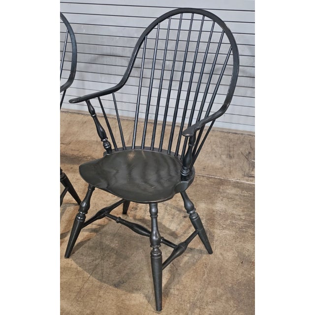 Late 20th Century Pair of Rolf Holfer Continuous Windsor Arm Chairs Bench Made Dark Green Finish For Sale - Image 4 of 8