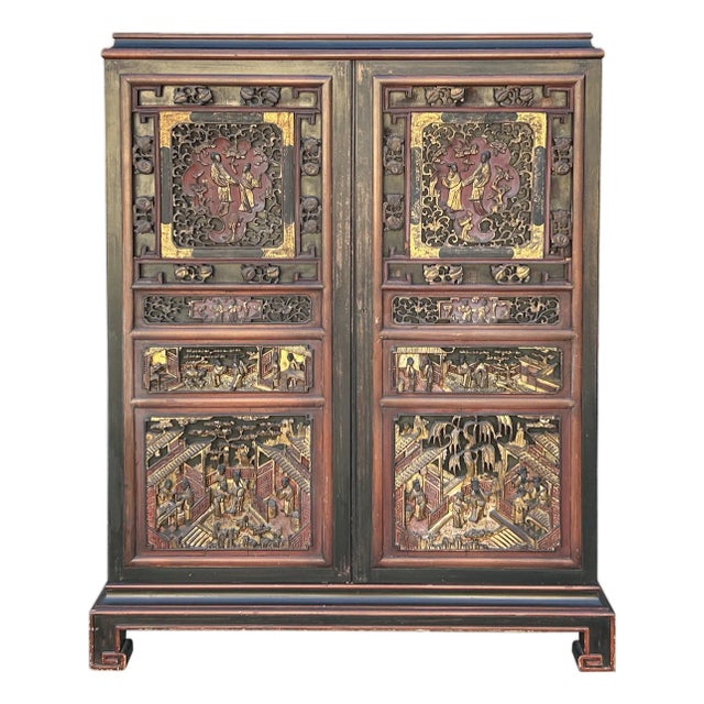 Vintage Oriental Black Red Gold Scenery Carving Storage Cabinet For Sale