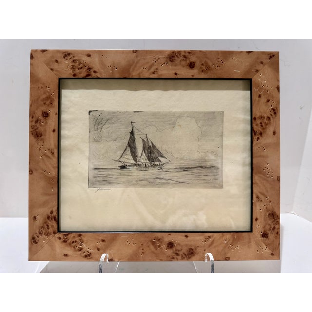 Drawing/Sketching Materials 1920s Pair of Signed j.p. Benson Maritime Sailing Ship Etchings in Burl Wood Frames For Sale - Image 7 of 13