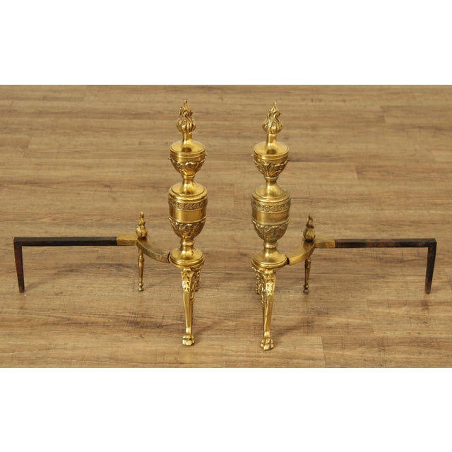 1940s Vintage Neoclassical Style Brass Andirons - A Pair For Sale - Image 5 of 13
