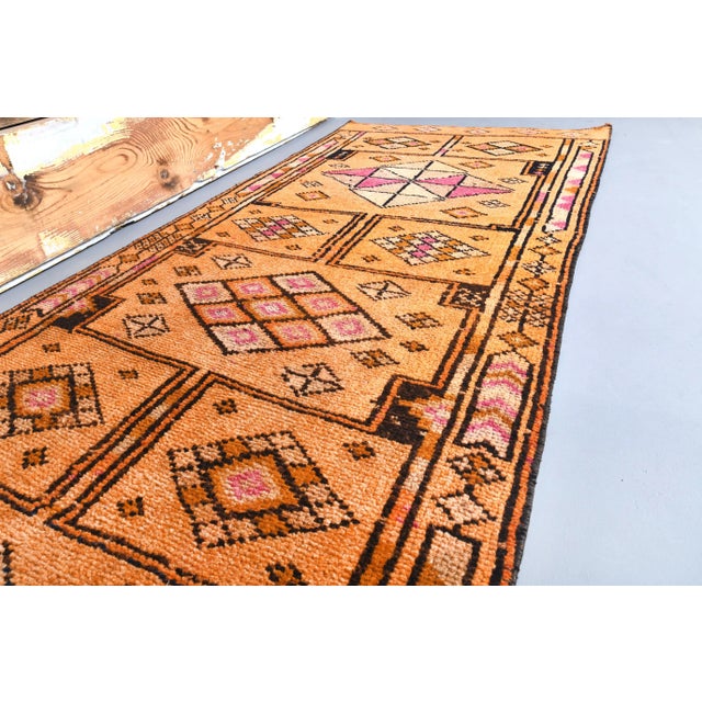 Vintage Orange Geometric Turkish Hand-Knotted Runner For Sale - Image 6 of 9