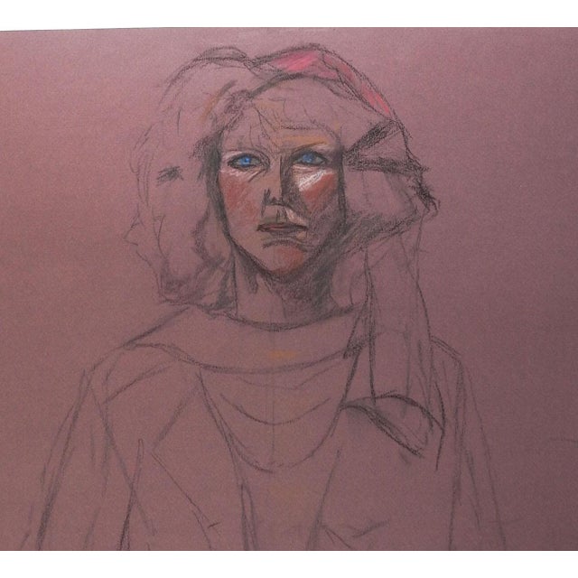 Mid-Century Modern 1980's Portrait in Purple Pastel Drawing For Sale - Image 3 of 4