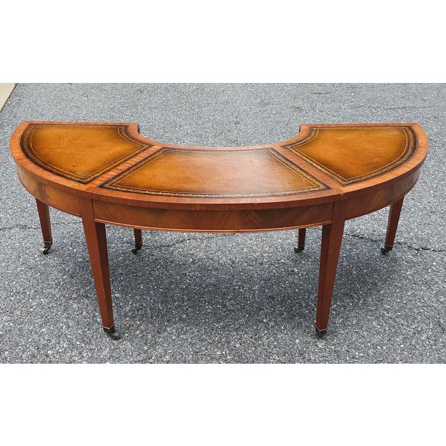 Wood Georgian Style Tooled Leather Inset Mahogany Demilune Drop-Leaf Coffee Table For Sale - Image 7 of 12