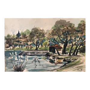 1930s Park Scene Watercolor Landscape Painting