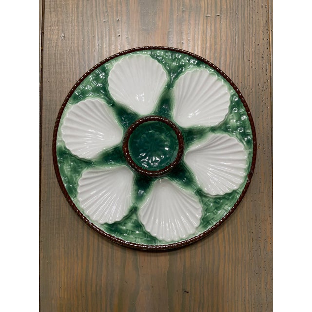 Antique 1920s French Longchamp Majolica Green and White Oyster Plate For Sale - Image 14 of 15