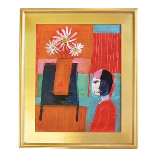 Valentine's Gift! Juan Guzman Abstract Portrait & Floral Painting W/ Gold Leaf Frame For Sale