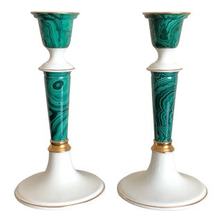 Vintage Malachite Porcelain Candlesticks- a Pair For Sale