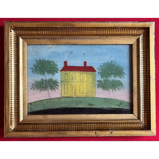 Antique 19th century American folk art primitive eglomise reverse painting on glass of a Federal house in a landscape. The...