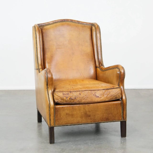 Vintage Cognac-Colored Sheep Leather Armchair For Sale - Image 14 of 14