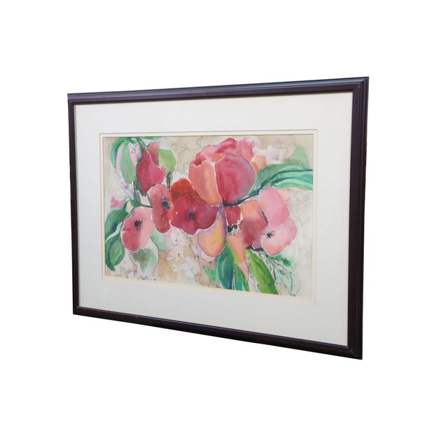 Late 20th century watercolor on paper painting depicting a cluster of deep pink / red flowers. Signed Nancy Rhodes, lower...
