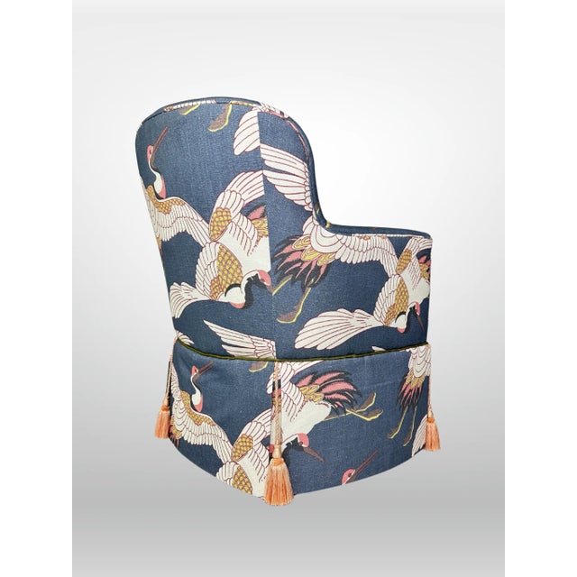 2020s Upholstered Arm Chairs With Blue Heron Print & Tassels For Sale - Image 5 of 11