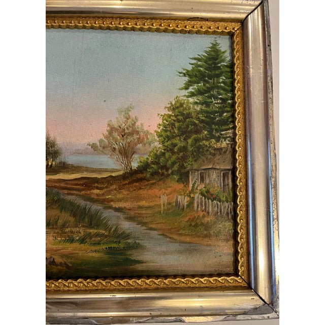 Vintage Oil on Board Painting of People in a Rural Landscape by the Lake For Sale - Image 4 of 6