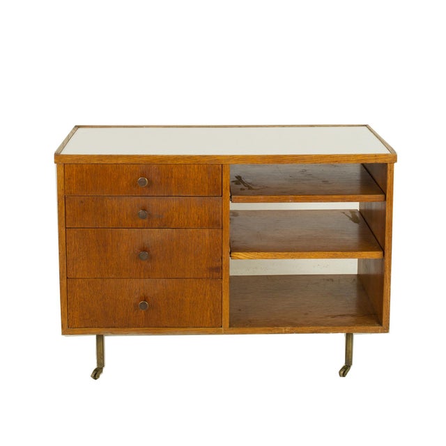 George Nelson Style Mid Century Oak Bar Cart This bar cart measures: 36.5 wide x 18.5 deep x 26 inches high ABOUT PHOTOS:...