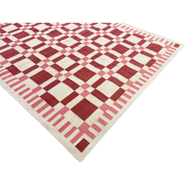 Handwoven Cotton Area Rug, Natural Vegetable Dyed, Cream and Red Geometric Dhurrie - 6'x9' For Sale - Image 6 of 11