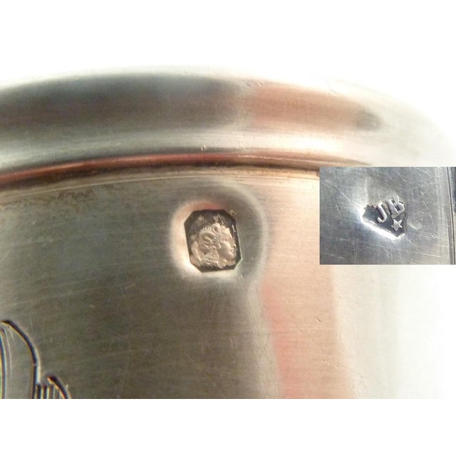 French Sterling Silver Egg Cup Circa 1900, Three Engraved Panels, Chicken on Nest, Rooster & Louis XVI Style Medallion For Sale - Image 6 of 8