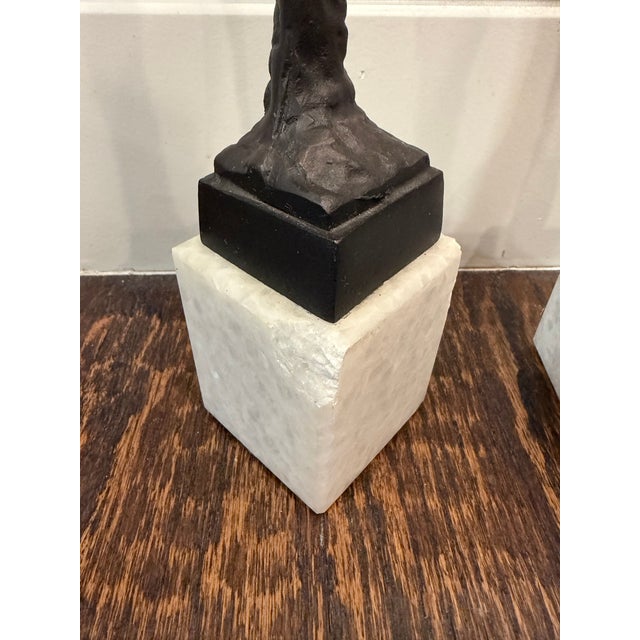 Late 20th Century Pair of Giacometti Style Male & Female Figural Sculptures on Marble Bases For Sale - Image 11 of 17