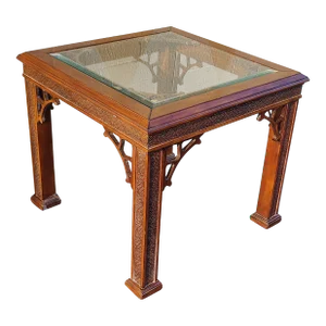 Chinese Chippendale Fruitwood Glass Inset Side Table