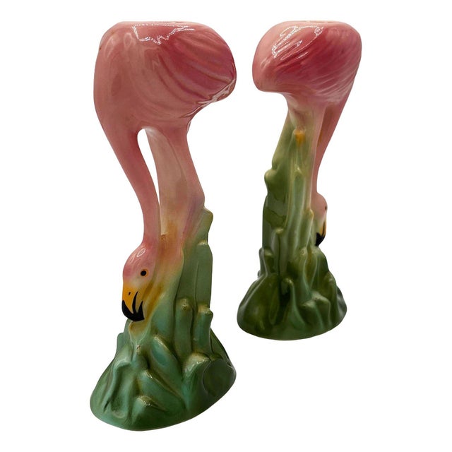 Original 1987 pink and green "Lovers" ceramic flamingo tabletop Candle-holder pair by Ronnie's Ceramic Company. The set...