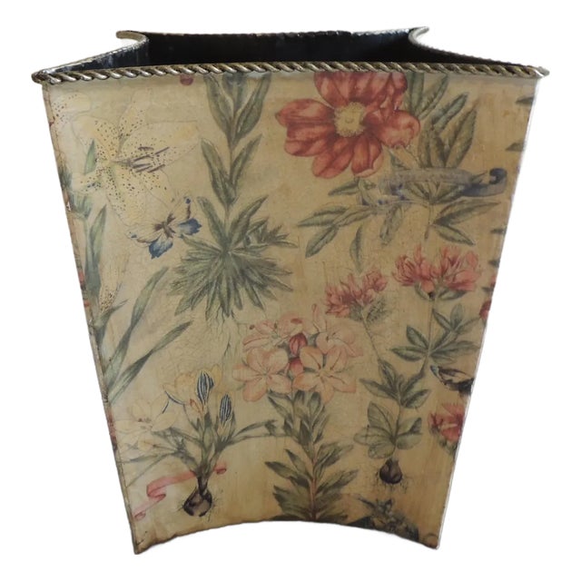 Yellow and Green Floral Botanicals Decoupage Style Toleware Wastebasket For Sale