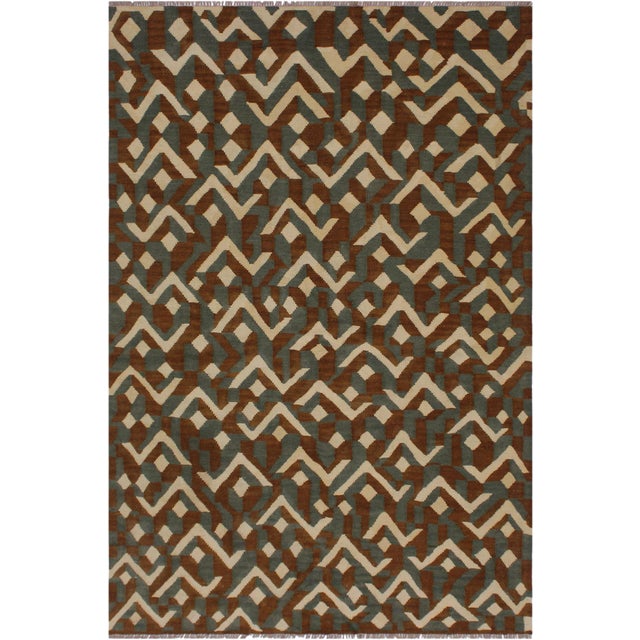 Contemporary Brown Hand-Woven Kilim Wool Rug - 5′ × 6′8″ For Sale
