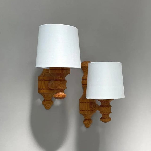 Brown Pine and Fabric Wall Lights, Sweden, 1960s, Set of 2 For Sale - Image 8 of 12