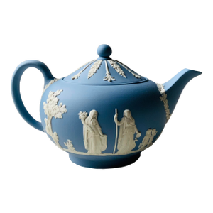 1950s Wedgwood Jasperware Teapot in Classical Blue With White Neoclassical Relief