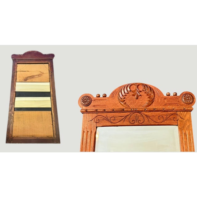 Wood Antique Eastlake Oak Wall Mirror-Carved Crest-1890s-Victorian Hall-Vintage-Entry For Sale - Image 7 of 11
