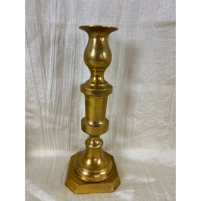 Pair of Vintage Solid Brass Candlesticks – Georgian Colonial Style With Octagonal Bases For Sale - Image 9 of 10