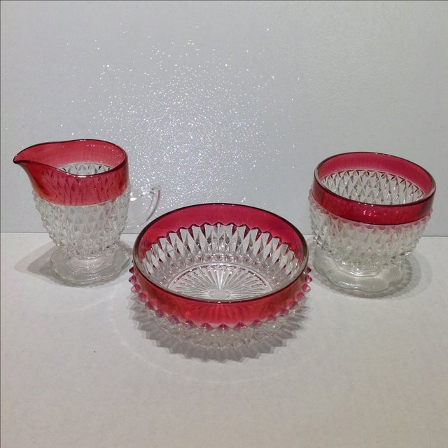 Traditional Vintage Ruby Flash Diamond Point Glass Condiment Set - S/3 For Sale - Image 3 of 7