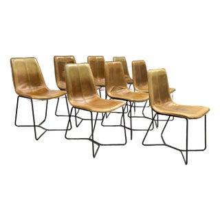 West Elm Slope Leather Side Chairs, Set of Eight For Sale
