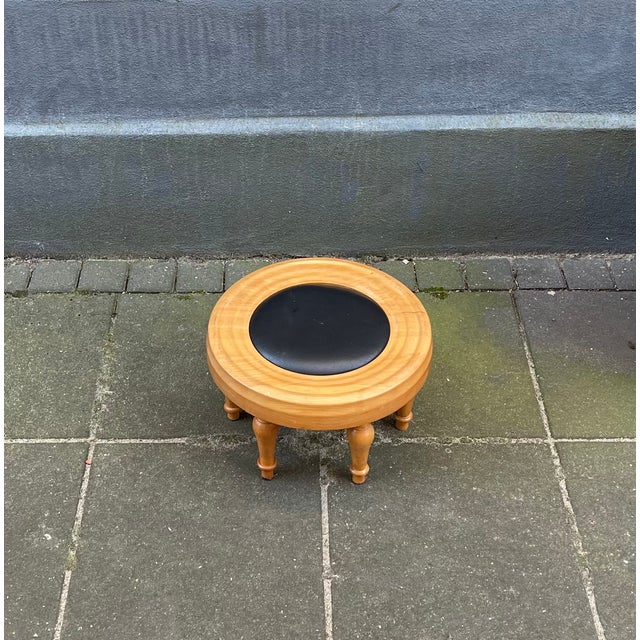 Vintage Scandinavian 6-Legged Low Stool in Pine and Leather, 1970s For Sale - Image 3 of 6