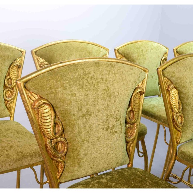 Elegant set of 6! gilded cobra barstools newly upholstered in a fresh lime green velvet fabric. The forged and gilded...