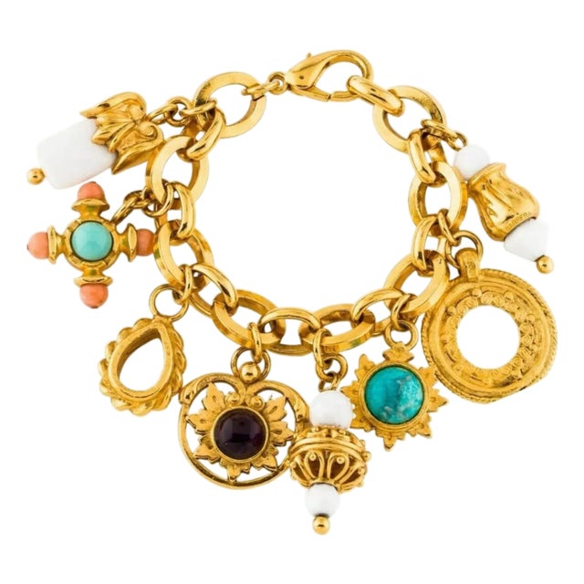 José & Maria Barrera Charms Bracelet Gem Stones Gold Plated Turquoise For Sale