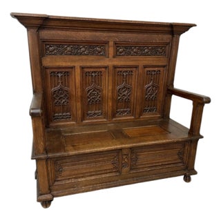 Antique Heavily Carved German Bench Oak 1800s For Sale