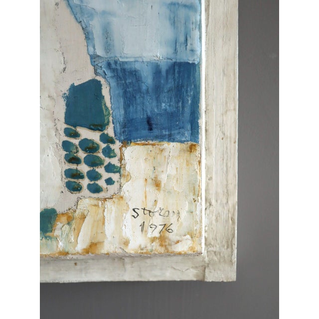 Textile 1976 Modernist 'Seaside Stroll' Vintage Mini Swedish Original Figurative Oil Painting, Framed For Sale - Image 7 of 12