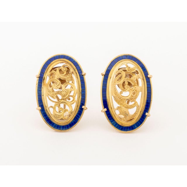 Cobalt Blue Enamel & Yellow Gold Filigree Earrings For Sale - Image 4 of 9