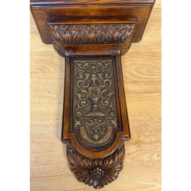 Pair Late 19th C. English Neoclassic Carved Oak & Silverplated Wall Shelves For Sale - Image 4 of 12