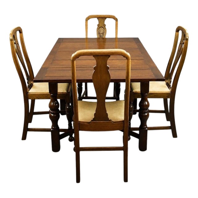 Vintage Oak Draw Leaf Dining Table and Chairs, 1920, Set of 5 For Sale