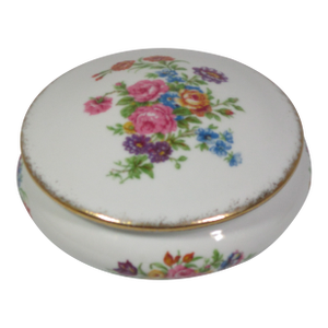 1940s Limoges Porcelain Hand Painted Round Floral Trinket Box