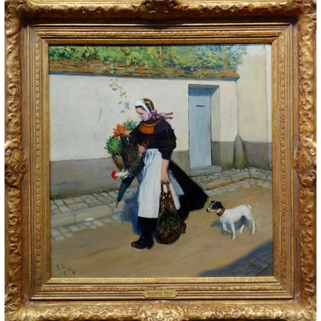Jacques Wely -Woman & her Jack Russel dog coming from the Market-Oil painting French Oil Painting on board - signed and...